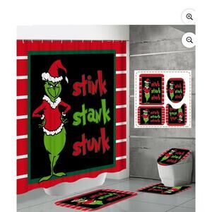 4 Piece Grinch Themed Bathroom Set, Shower Curtain & More “Stink, Stank, Stunk”